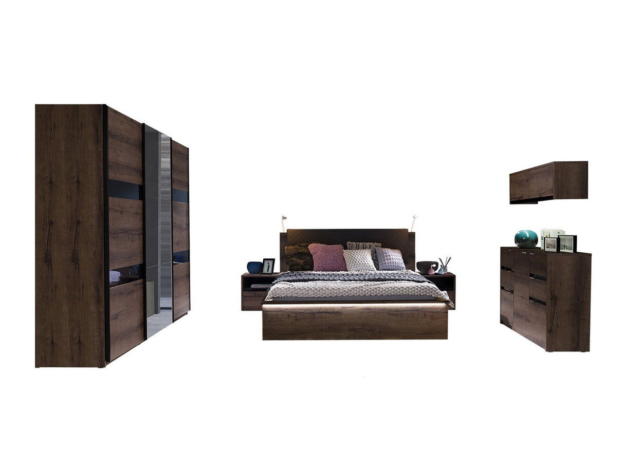 Hálószoba garnitúra Denver (Verdek VII), Led világítás: Igen, Szín: Monastery tölgy + Fényes fekete