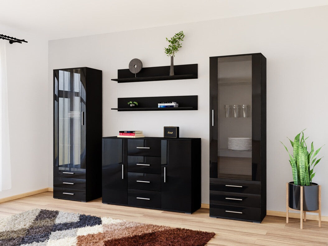 Nappali szett Soho III (Boho III), Szín: Fekete + Fényes fekete, Led világítás: Fehér