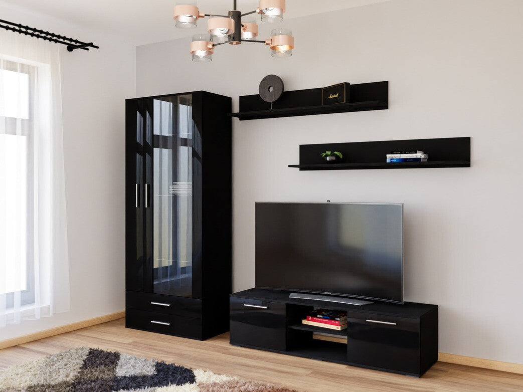 Nappali szett Soho XI (Boho XI), Szín: Fekete + Fényes fekete, Led világítás: Fehér