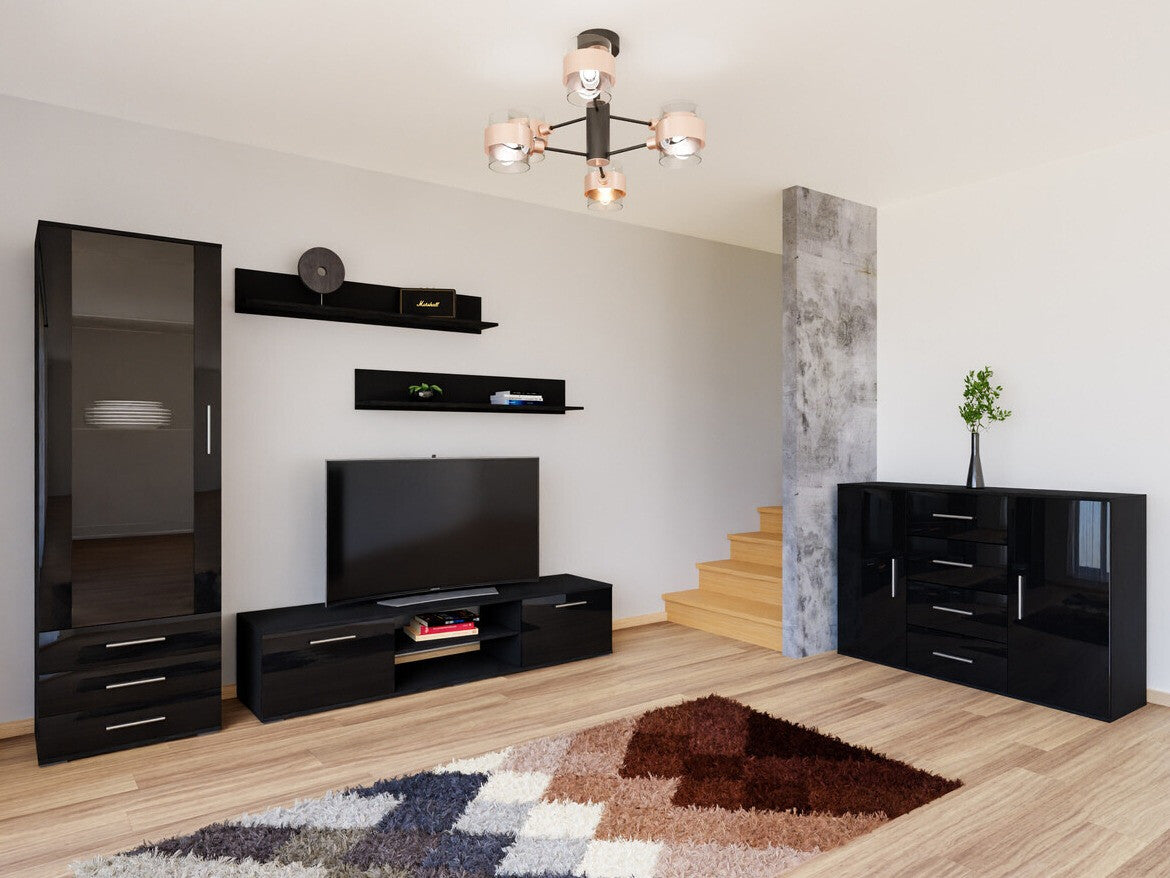 Nappali szett Soho II (Boho II), Szín: Fekete + Fényes fekete, Led világítás: Igen fehér