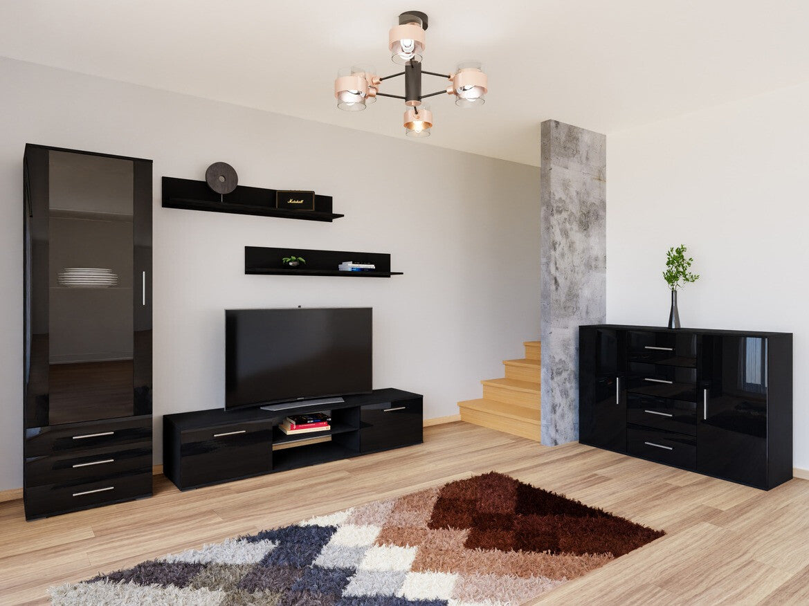 Nappali szett Soho II (Boho II), Szín: Fekete + Fényes fekete, Led világítás: Ez kék