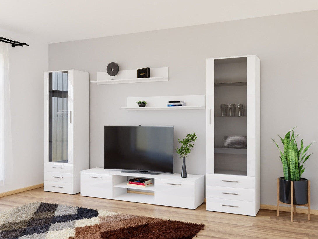 Nappali szett Soho IV (Boho IV), Szín: Fehér + Fényes fehér, Led világítás: Kék