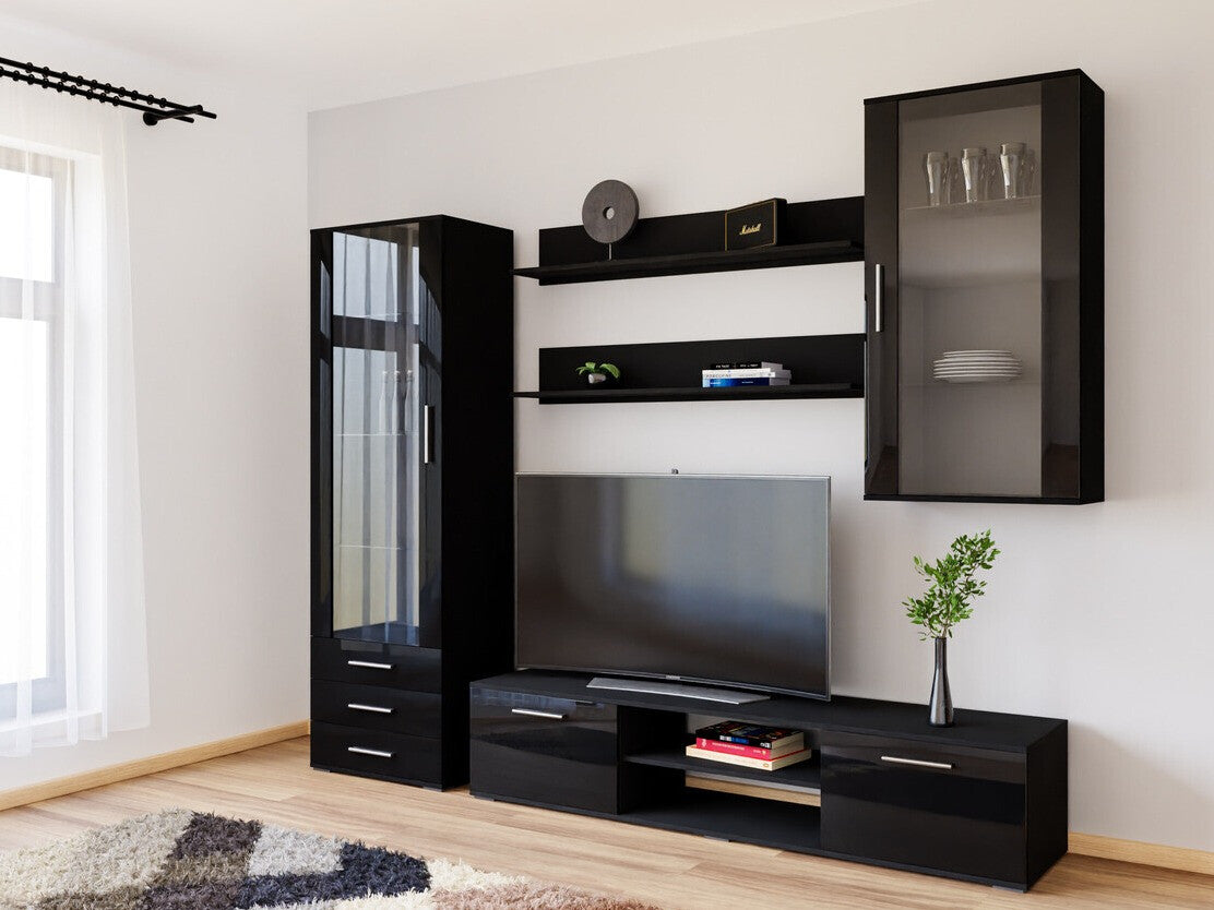 Nappali szett Soho VI (Boho VI), Szín: Fekete + Fényes fekete, Led világítás: Fehér