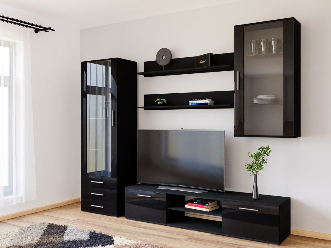 Nappali szett Soho VI (Boho VI), Szín: Fekete + Fényes fekete, Led világítás: Kék