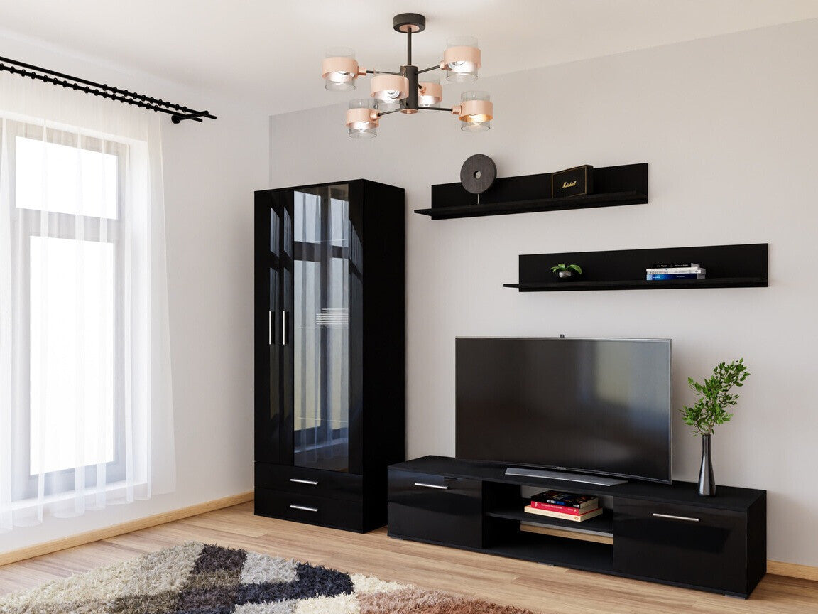 Nappali szett Soho VIII (Boho VIII), Szín: Fekete + Fényes fekete, Led világítás: Fehér