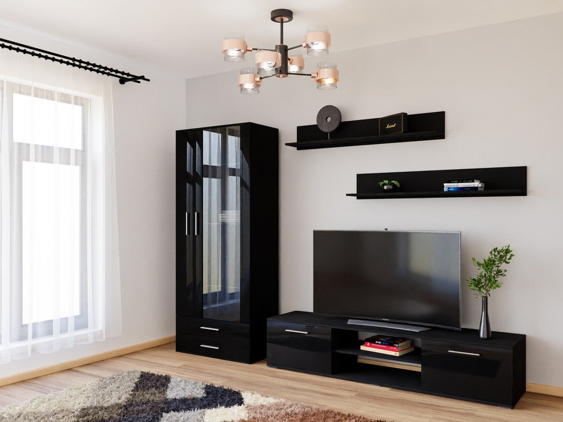 Nappali szett Soho VIII (Boho VIII), Szín: Fekete + Fényes fekete, Led világítás: Kék