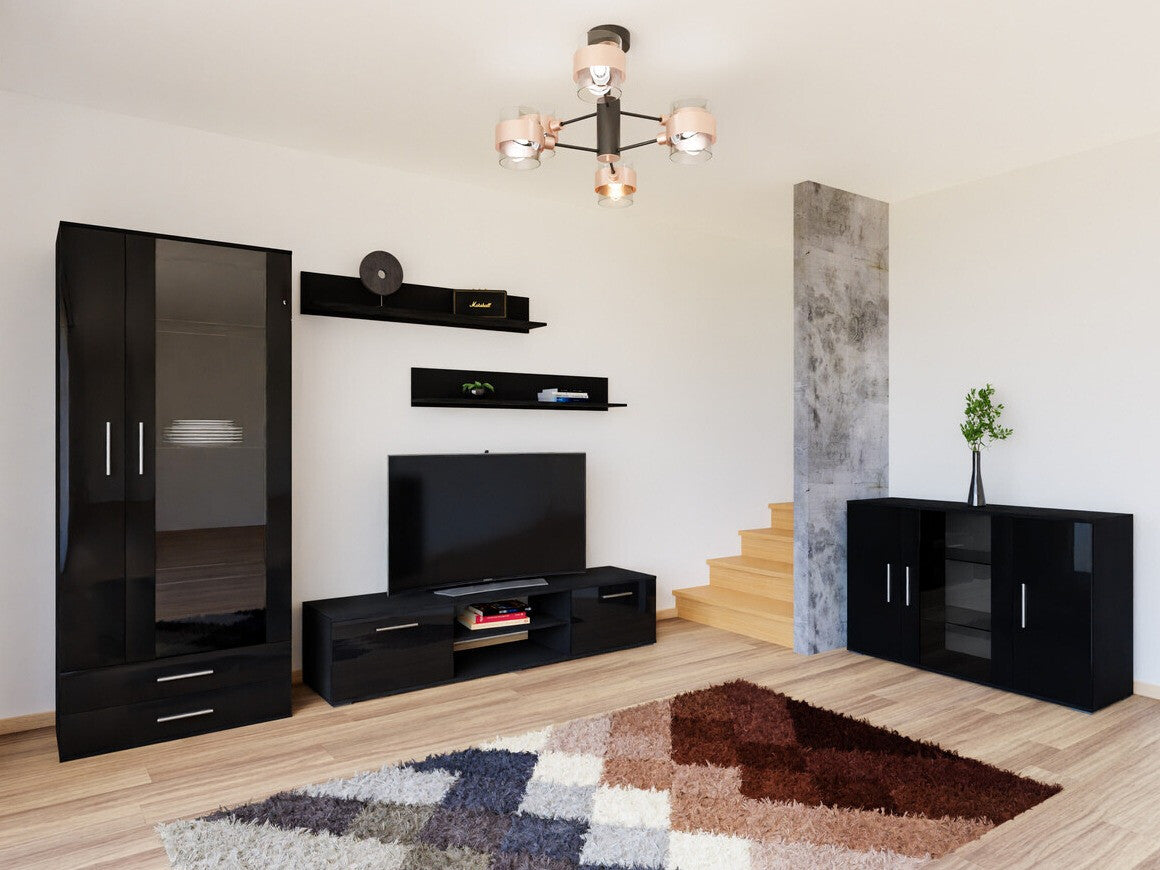 Nappali szett Soho IX (Boho IX), Szín: Fekete + Fényes fekete, Led világítás: RGB