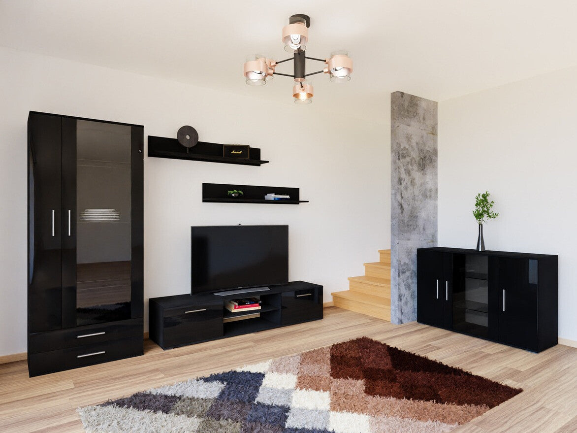 Nappali szett Soho IX (Boho IX), Szín: Fekete + Fényes fekete, Led világítás: Kék