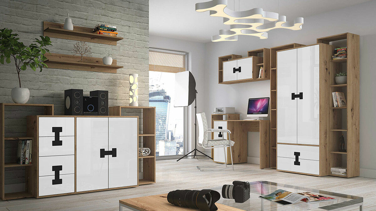 Íróasztal 120 INDEX 10 (Tikrote), Szín: Fényes fehér + Artisan tölgy