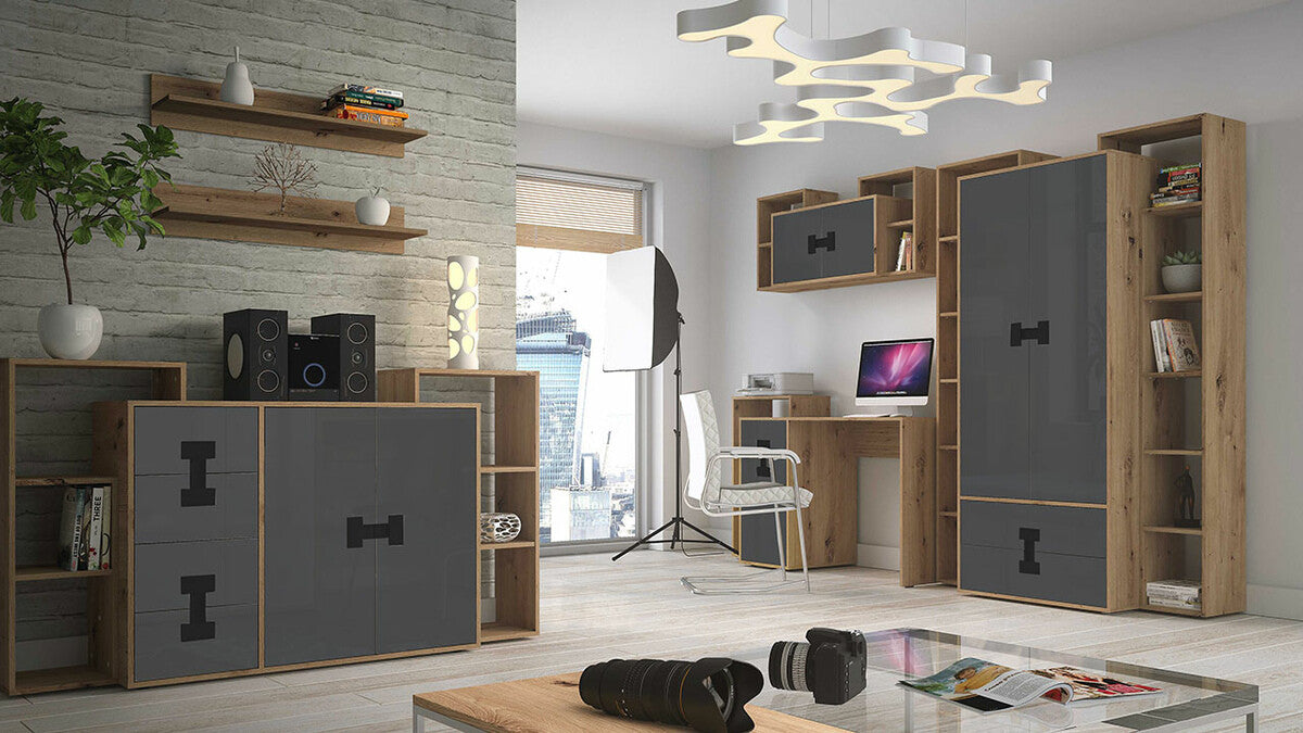 Fali szekrény 120 INDEX 12 (Tikrote), Szín: Fényes szürke + Artisan tölgy