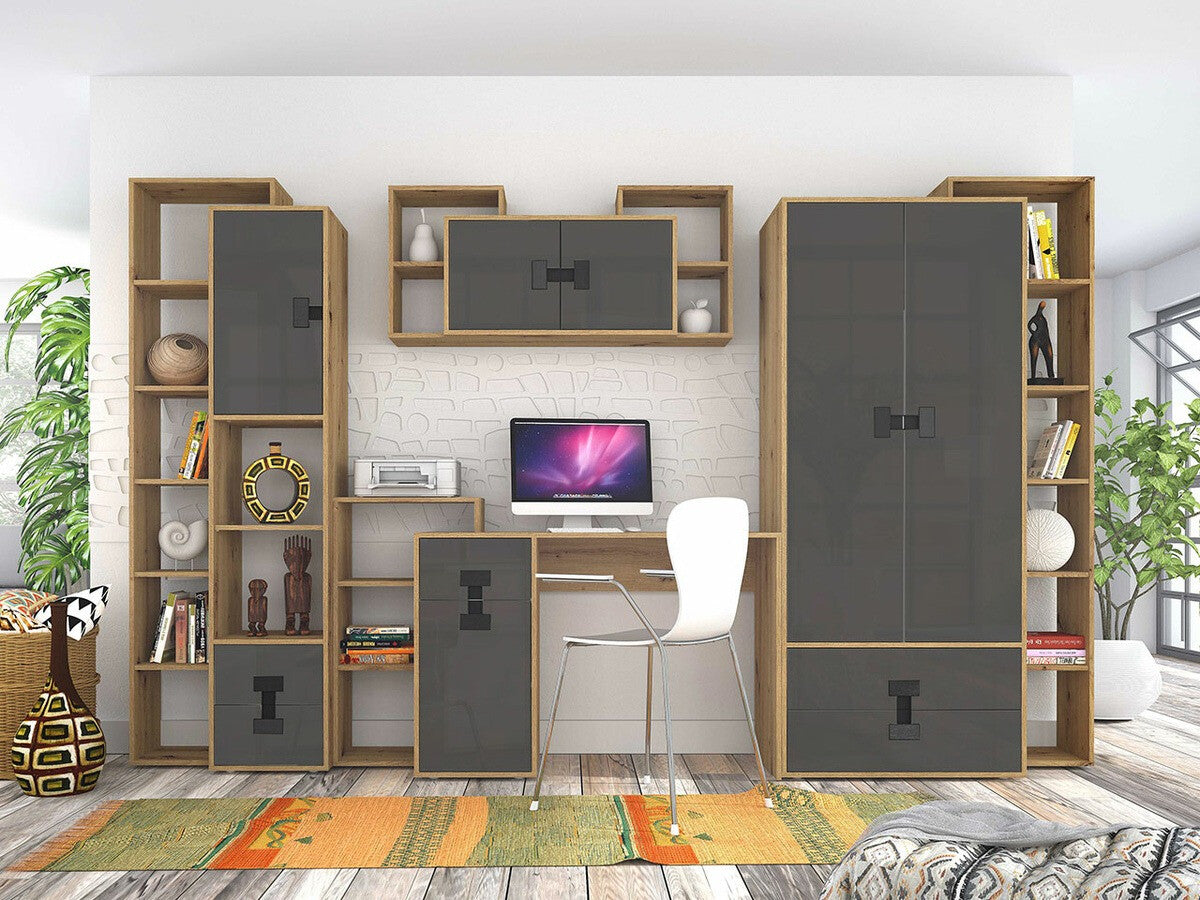 Irodai garnitúra INDEX I (Tikrote), Szín: Fényes szürke + Artisan tölgy