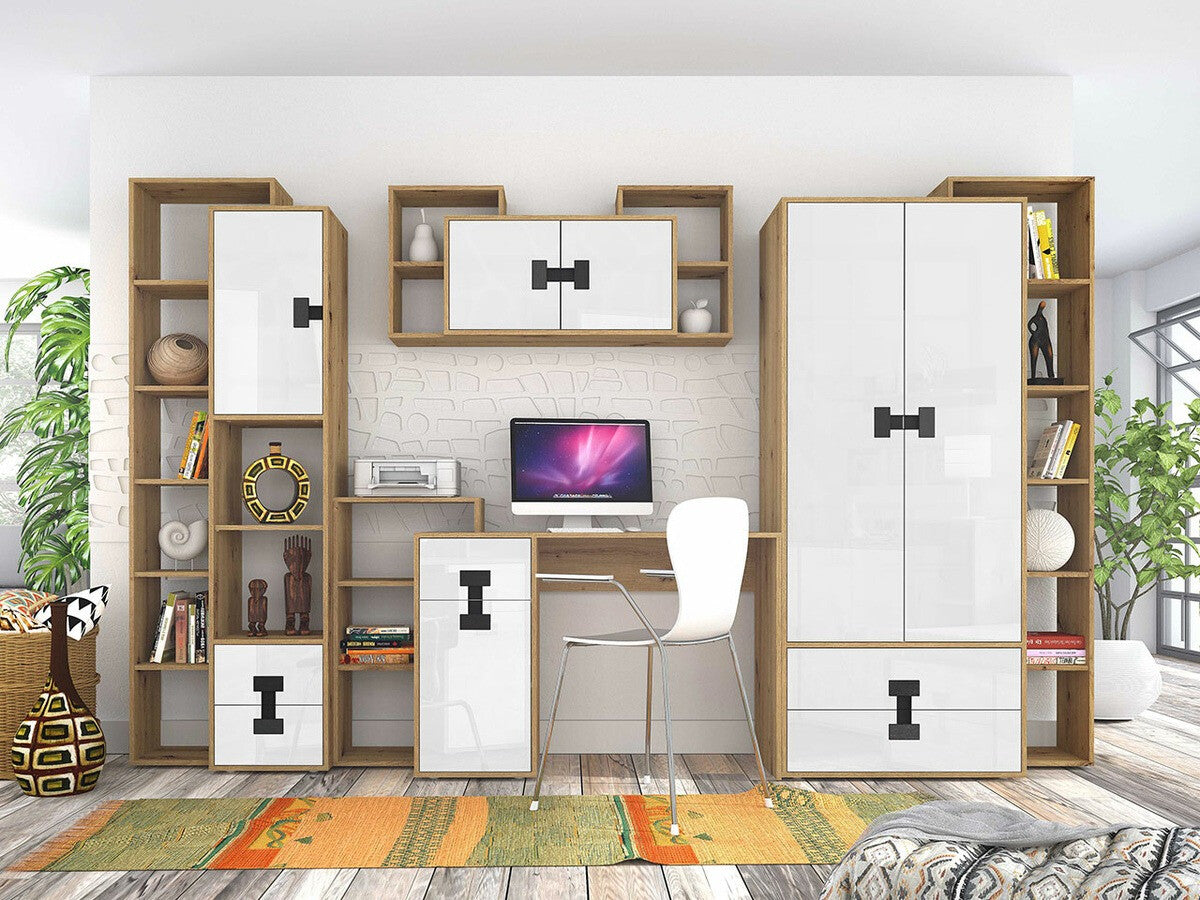 Irodai garnitúra INDEX I (Tikrote), Szín: Fényes fehér + Artisan tölgy