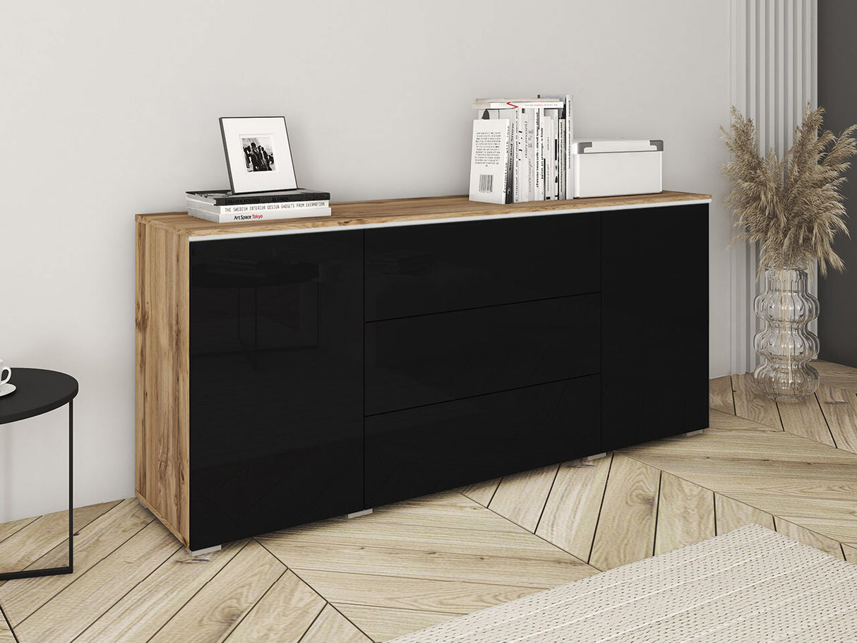 Komód VERA 150, Szín: Wotan tölgy + Fényes fekete, Led világítás: Nem