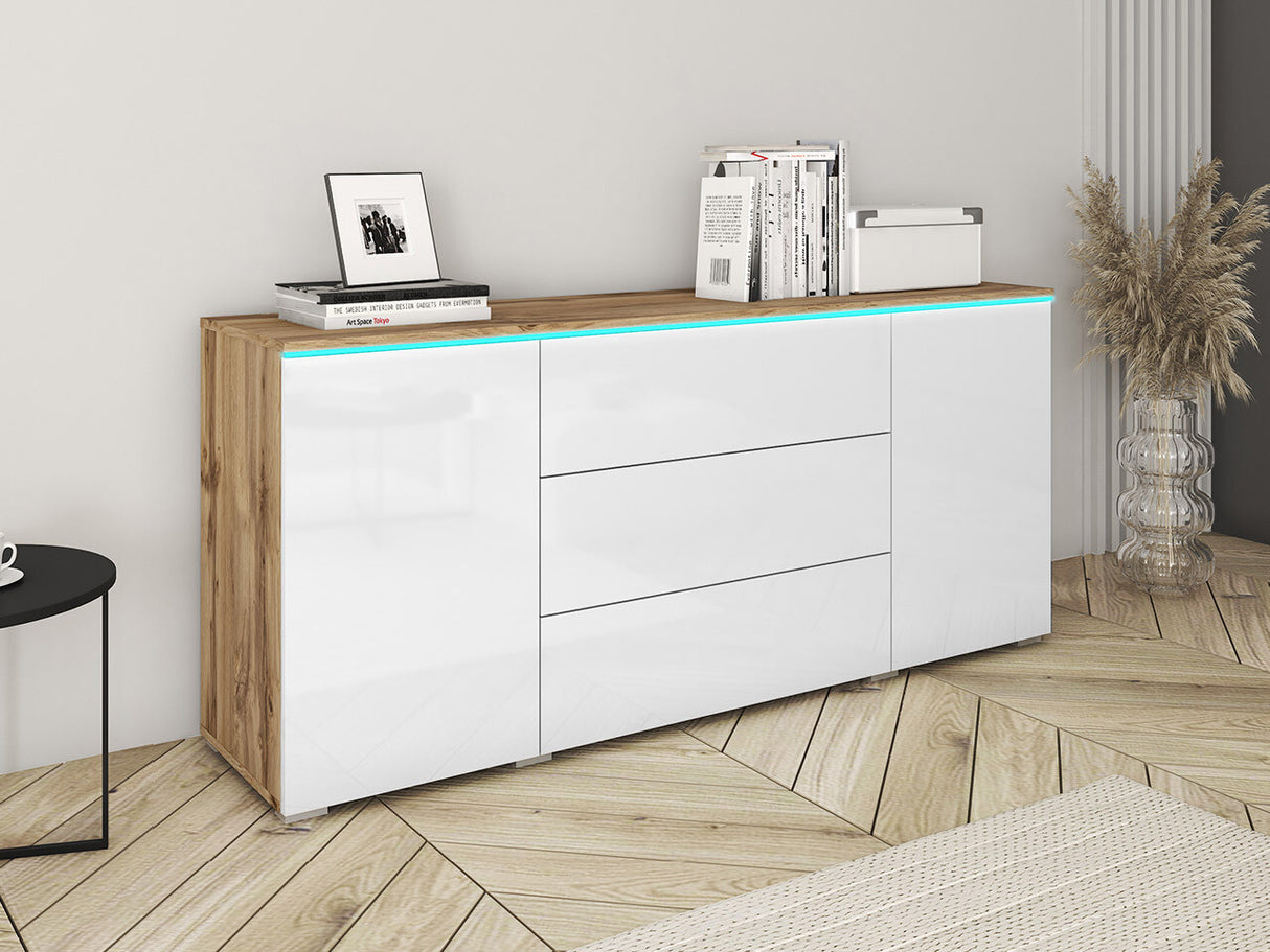 Komód VERA 150, Szín: Wotan tölgy + Fényes fehér, Led világítás: Igen fehér