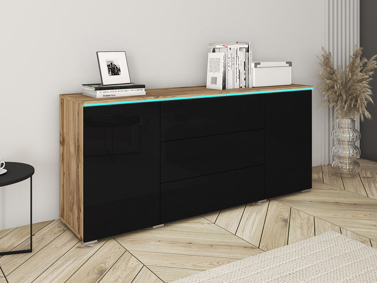 Komód VERA 150, Szín: Wotan tölgy + Fényes fekete, Led világítás: Igen RGB