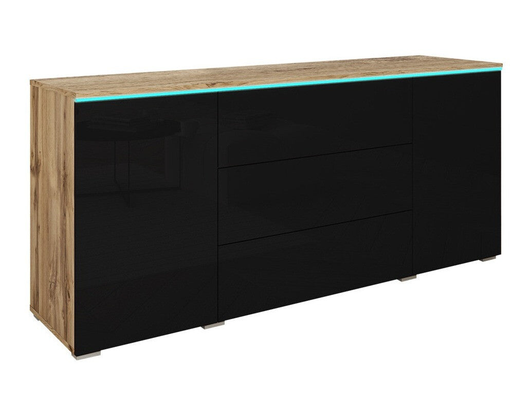 Komód VERA 150, Szín: Wotan tölgy + Fényes fekete, Led világítás: Igen RGB