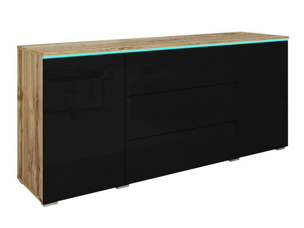 Komód VERA 150, Szín: Wotan tölgy + Fényes fekete, Led világítás: Igen fehér