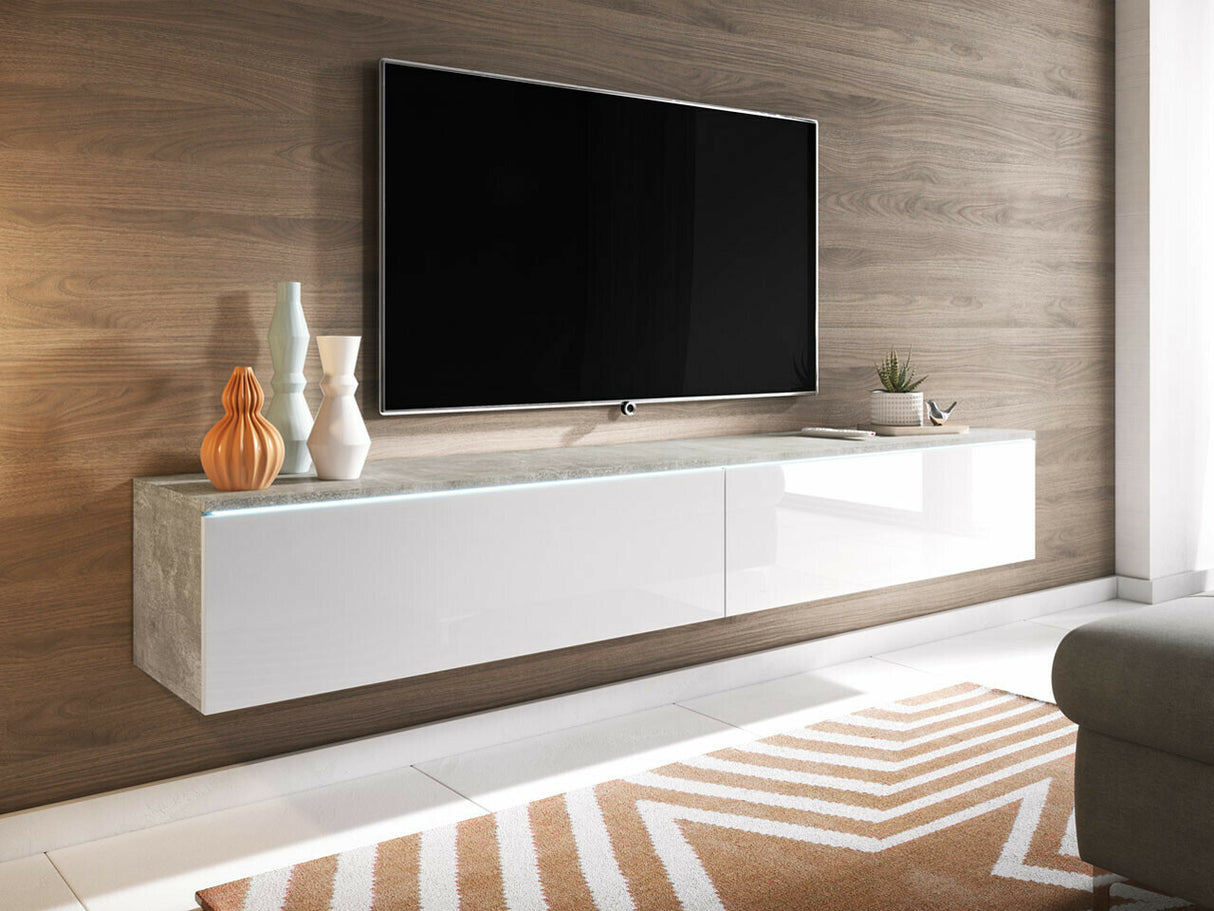 TV-állvány Lowboard D180 (Dlone 180), Led világítás: Igen, Szín: Beton + Fényes fehér