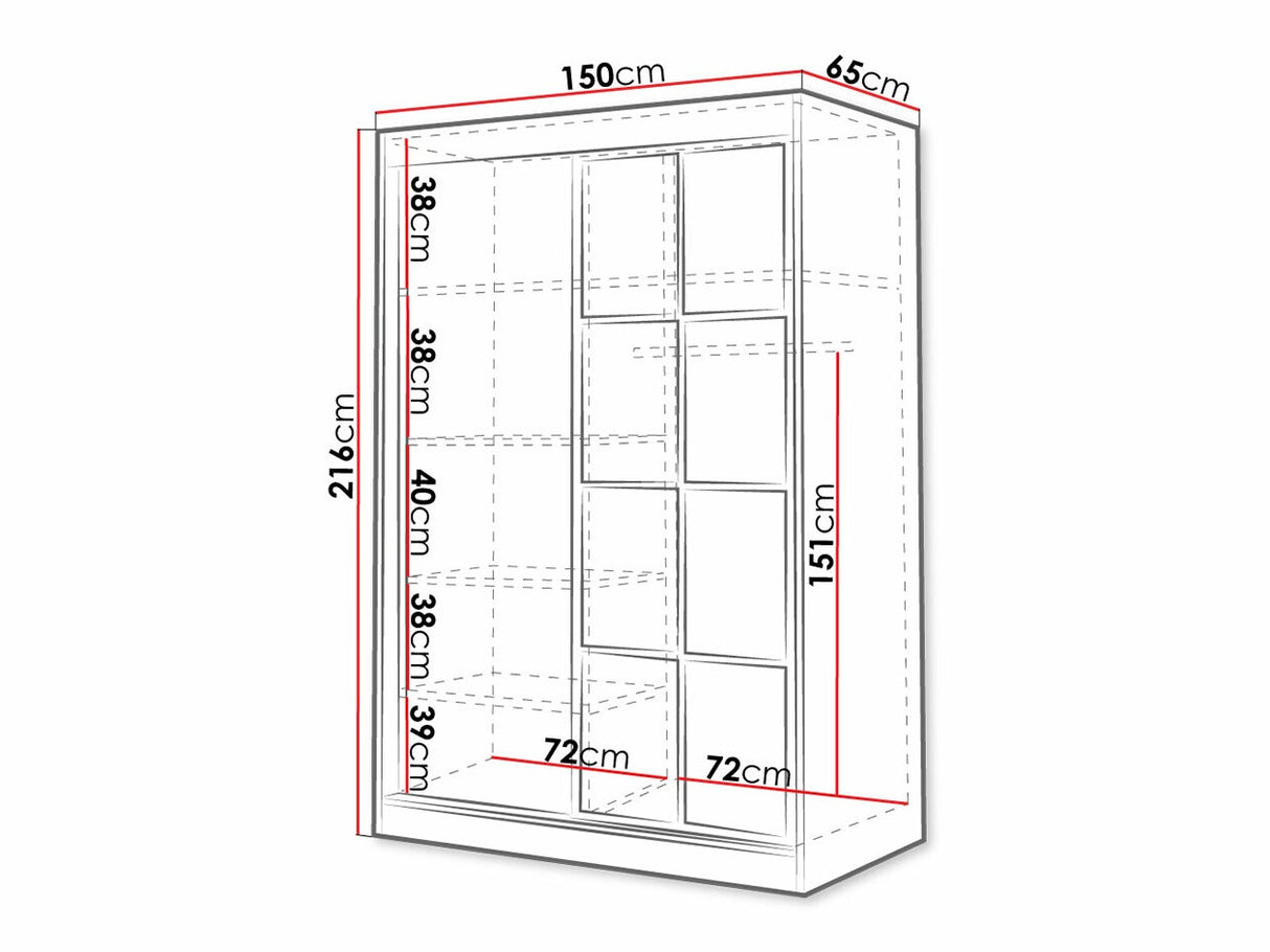 Gardróbszekrény Oslo II (Birelto II), Szín: Fehér + Fekete, Szekrény szélessége: 1500 mm