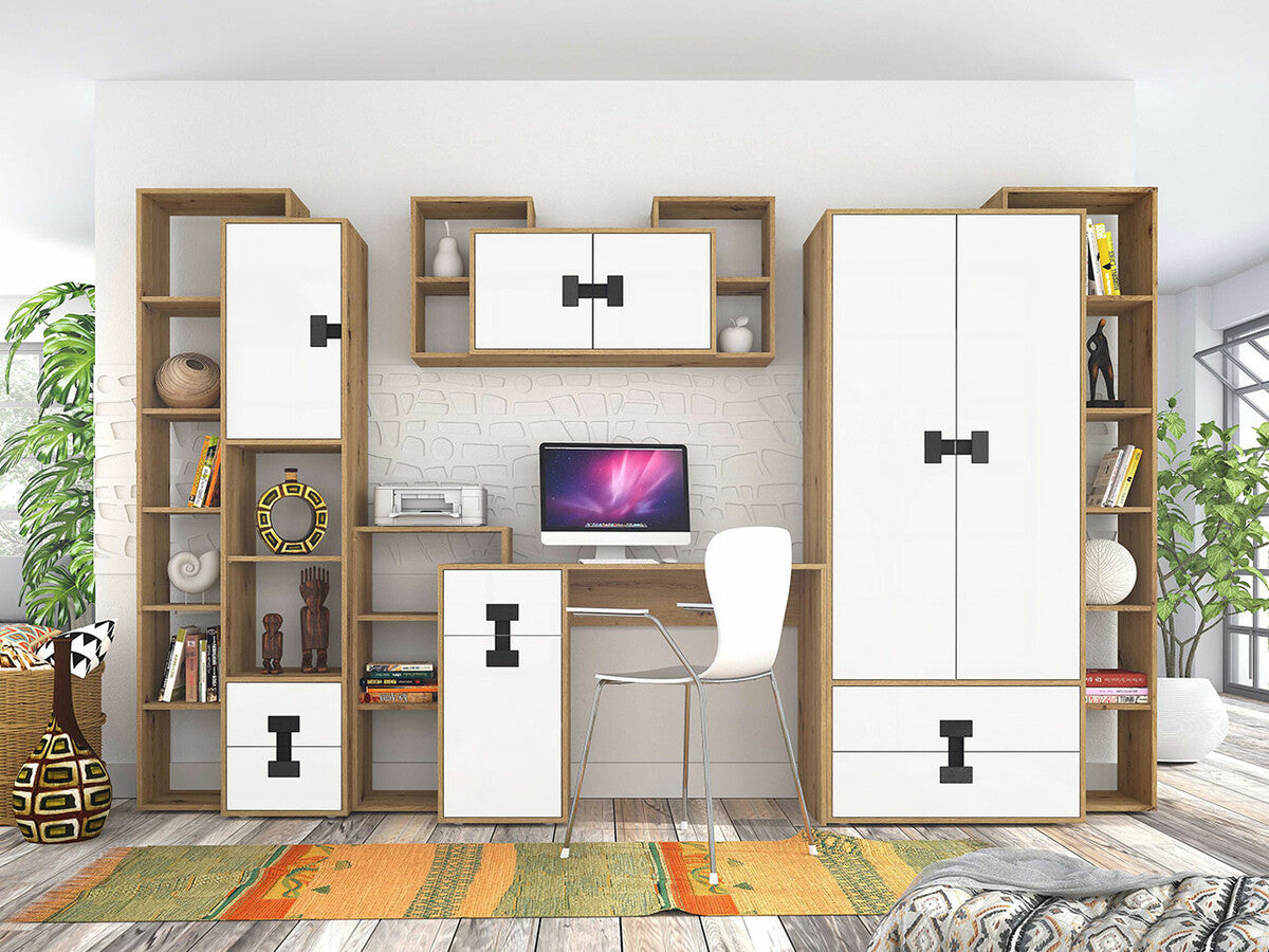 Íróasztal regał INDEX 11 (Raft Tikrote), Szín: Fényes fehér + Artisan tölgy