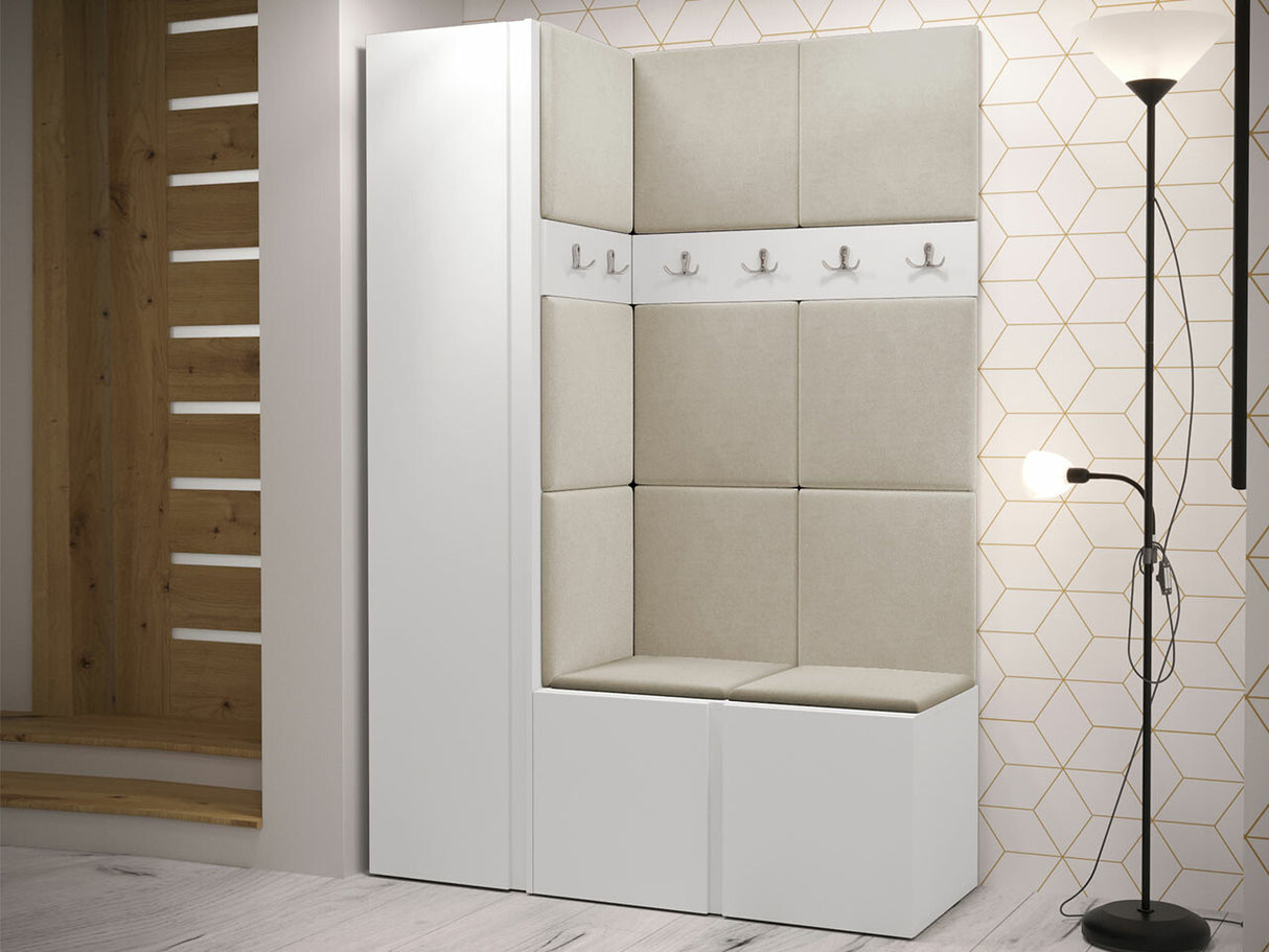 Előszoba garnitúra Zestaw ORION IX (Tavasz IX), Keret színe: Fehér, Puha falpanel színe: Manila 02