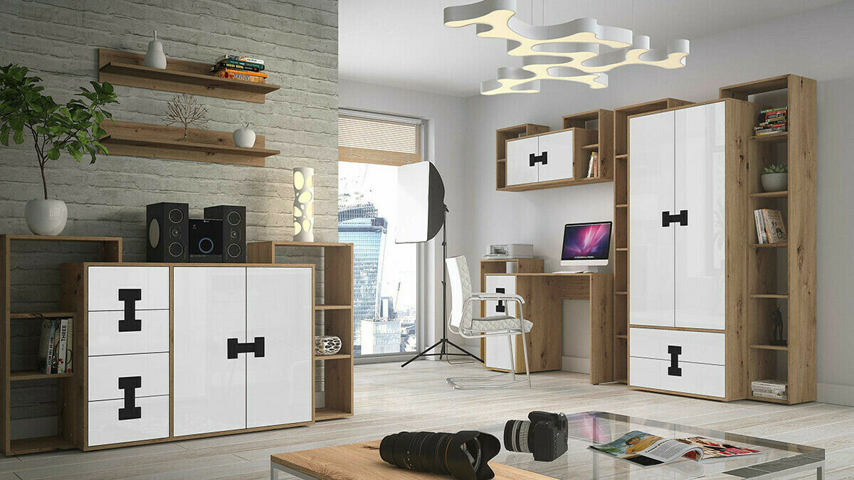 Komód INDEX 08 (Tikrote), Szín: Fényes fehér + Artisan tölgy