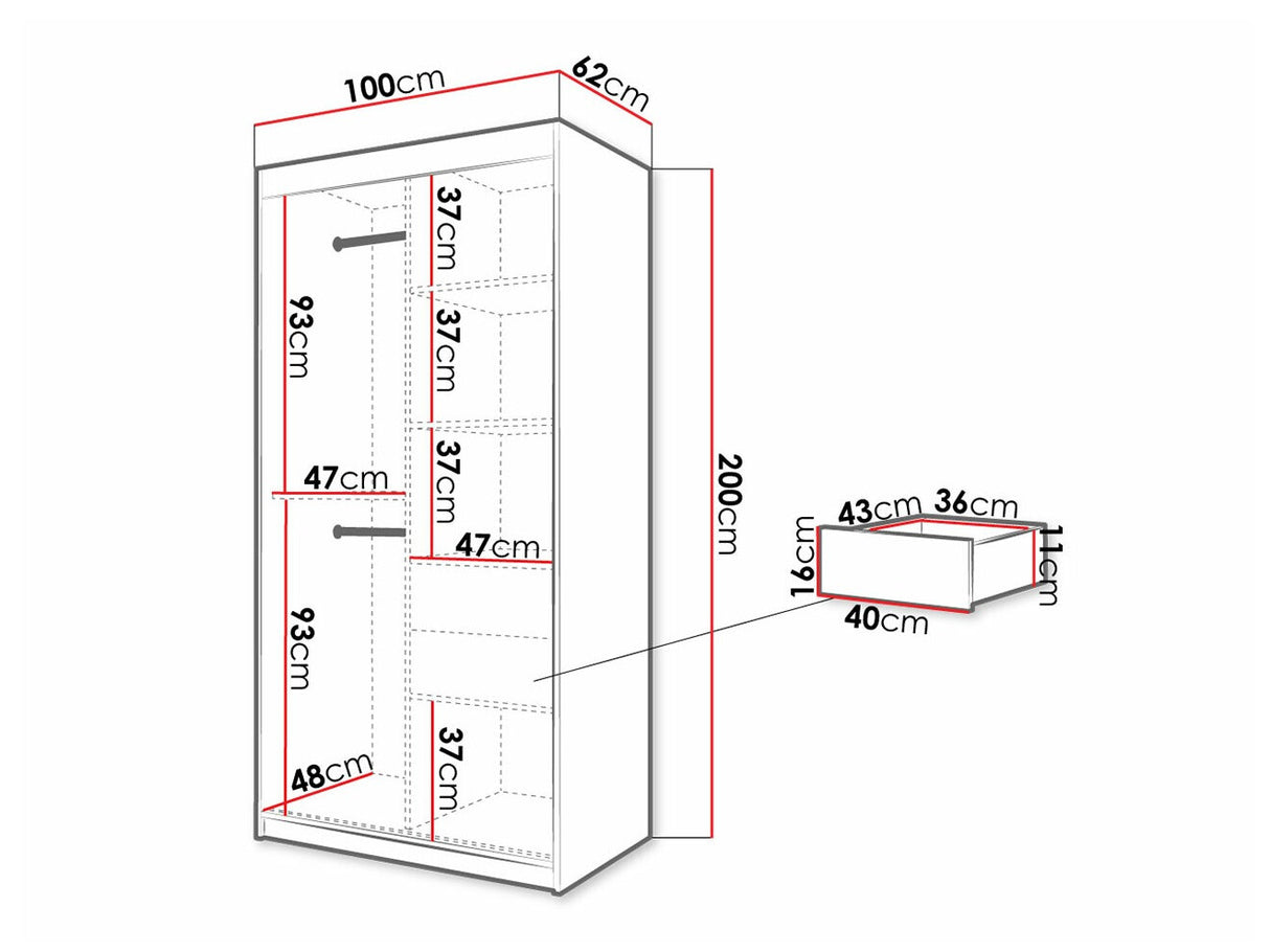 Gardróbszekrény 100 Jodełka 1 (Ratintu), Szín: Artisan tölgy + Fekete, Fiókok: Igen