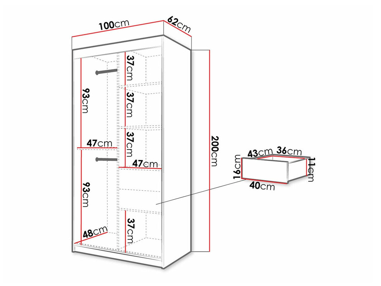 Gardróbszekrény 100 Jodełka 2 (Ratintu), Szín: Artisan tölgy + Fekete, Fiókok: Igen