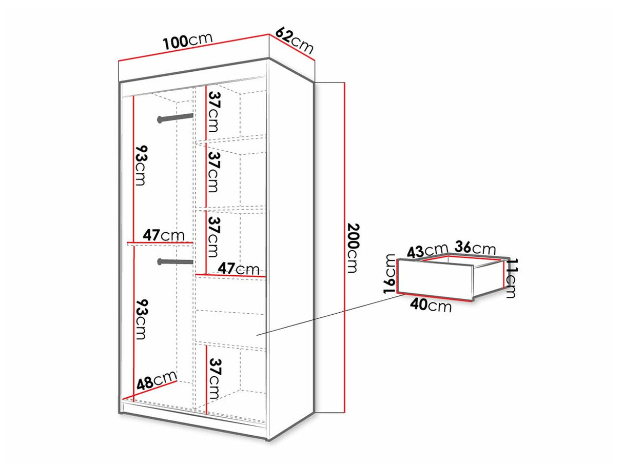 Gardróbszekrény 100 Jodełka 2 (Ratintu), Szín: Fekete + Artisan tölgy, Fiókok: Igen