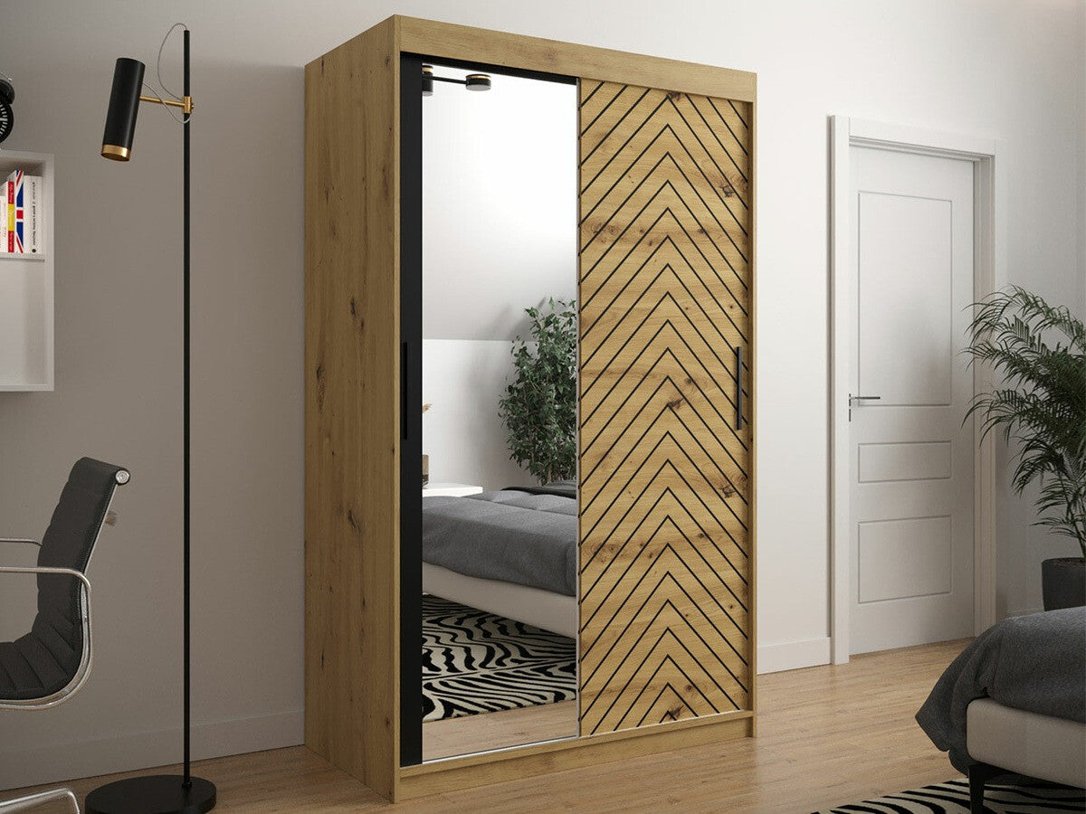 Gardróbszekrény 120 Jodełka 2 (Ratintu), Szín: Artisan tölgy + Fekete, Fiókok: Igen