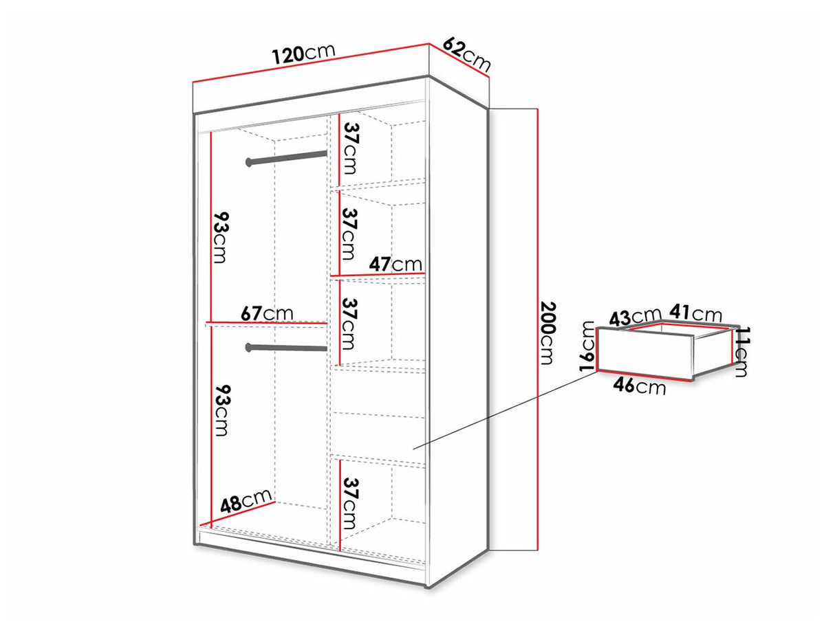 Gardróbszekrény 120 Jodełka 2 (Ratintu), Szín: Artisan tölgy + Fekete, Fiókok: Igen
