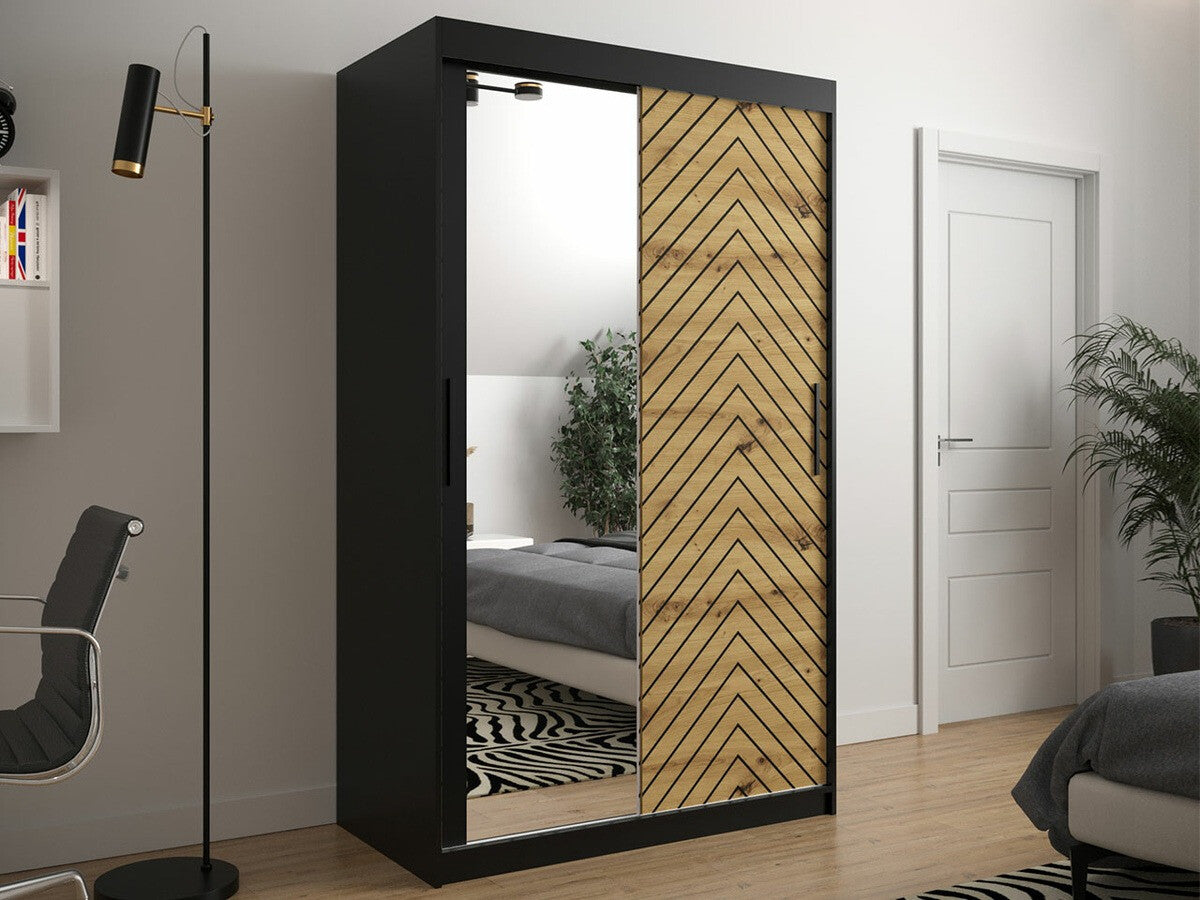 Gardróbszekrény 120 Jodełka 2 (Ratintu), Szín: Fekete + Artisan tölgy, Fiókok: Igen