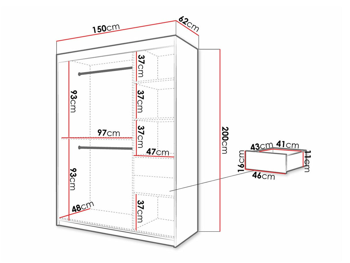Gardróbszekrény 150 Jodełka 1 (Ratintu), Szín: Fehér + Fekete, Fiókok: Igen