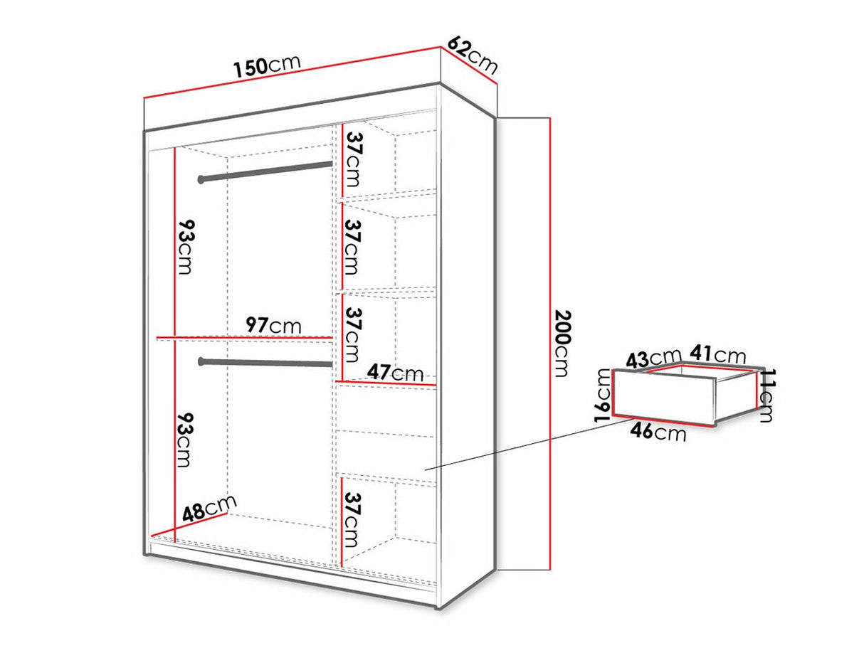 Gardróbszekrény 150 Jodełka 1 (Ratintu), Szín: Artisan tölgy + Fekete, Fiókok: Igen