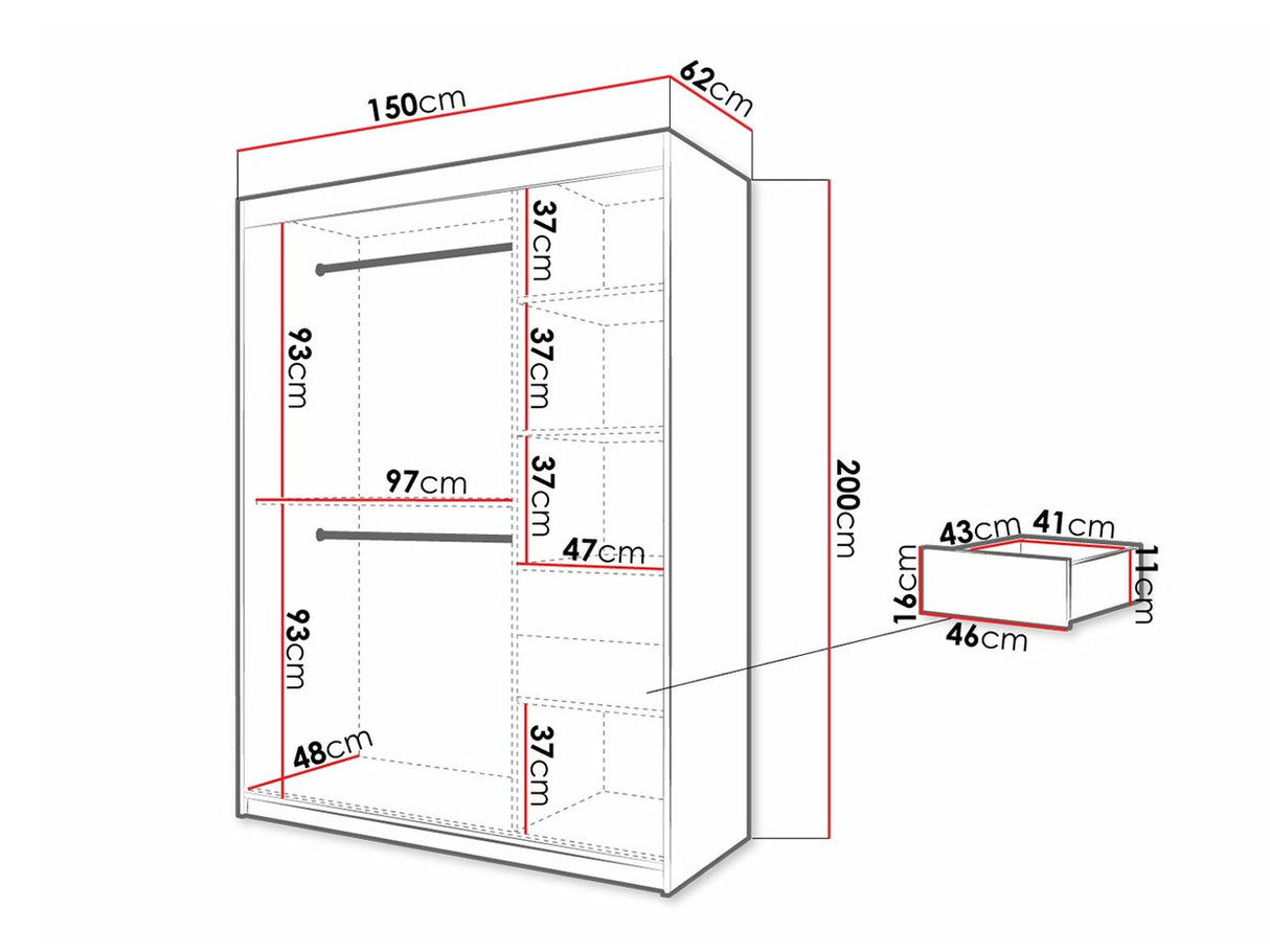 Gardróbszekrény 150 Jodełka 2 (Ratintu), Szín: Fehér + Fekete, Fiókok: Igen
