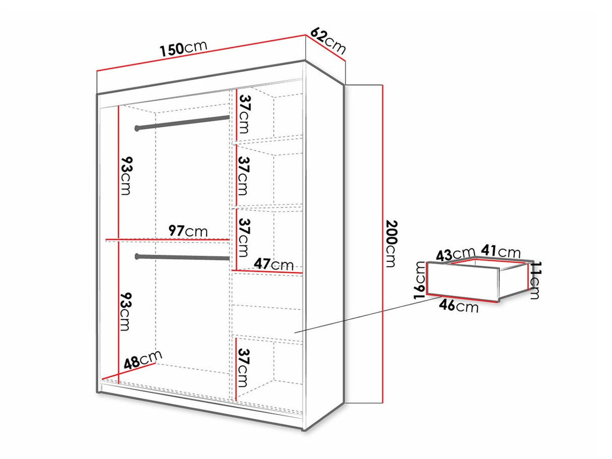Gardróbszekrény 150 Jodełka 2 (Ratintu), Szín: Artisan tölgy + Fekete, Fiókok: Igen