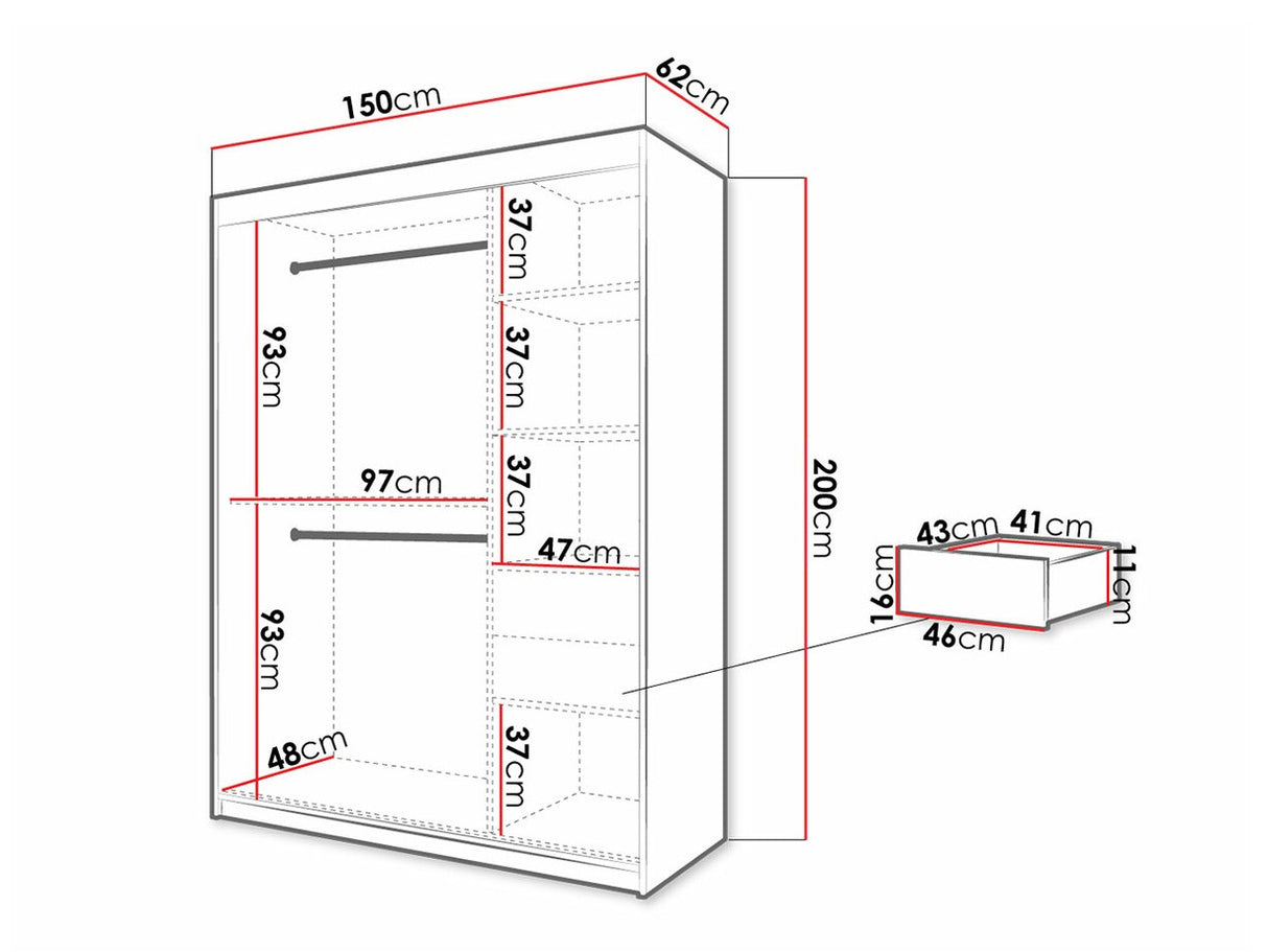 Gardróbszekrény 150 Jodełka 2 (Ratintu), Szín: Fekete + Artisan tölgy, Fiókok: Igen