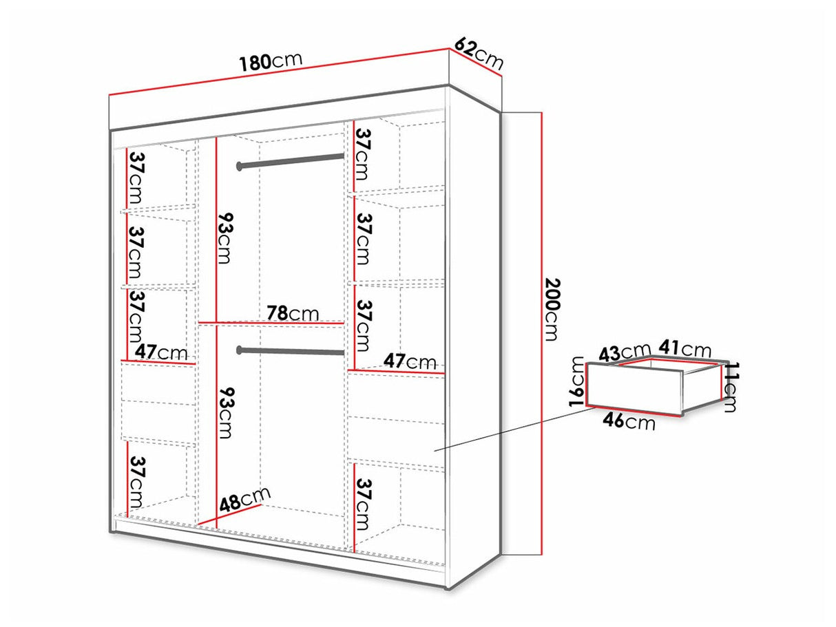 Gardróbszekrény 180 Jodełka 2 (Ratintu), Szín: Fehér + Fekete, Fiókok: Igen