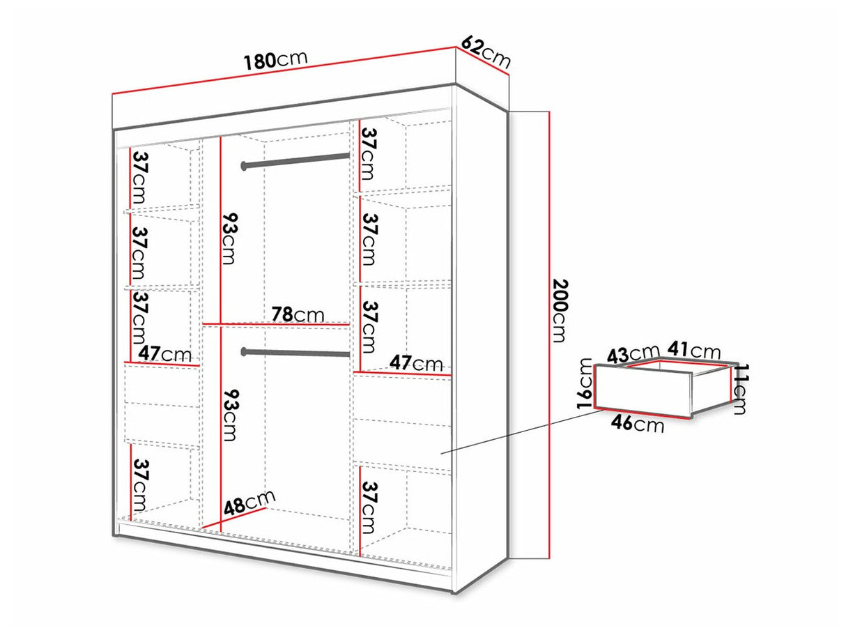 Gardróbszekrény 180 Jodełka 2 (Ratintu), Szín: Artisan tölgy + Fekete, Fiókok: Igen