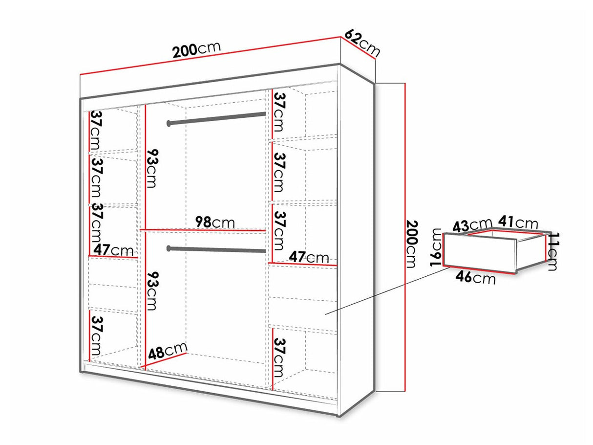 Gardróbszekrény 200 Jodełka 1 (Ratintu), Szín: Fehér + Fekete, Fiókok: Igen