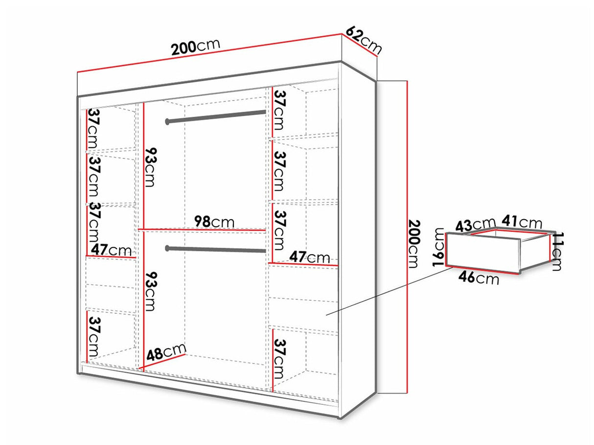 Gardróbszekrény 200 Jodełka 1 (Ratintu), Szín: Artisan tölgy + Fekete, Fiókok: Igen