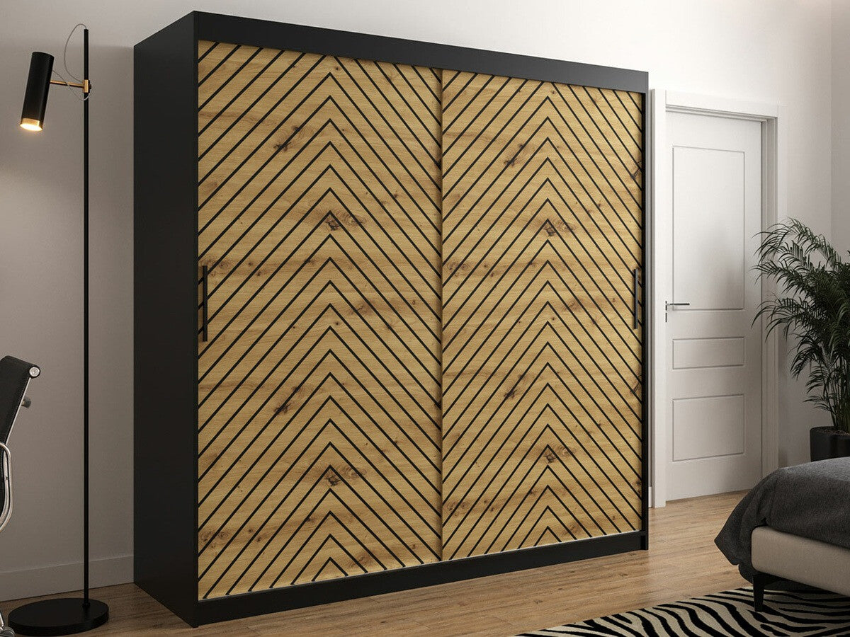 Gardróbszekrény 200 Jodełka 1 (Ratintu), Szín: Fekete + Artisan tölgy, Fiókok: Igen