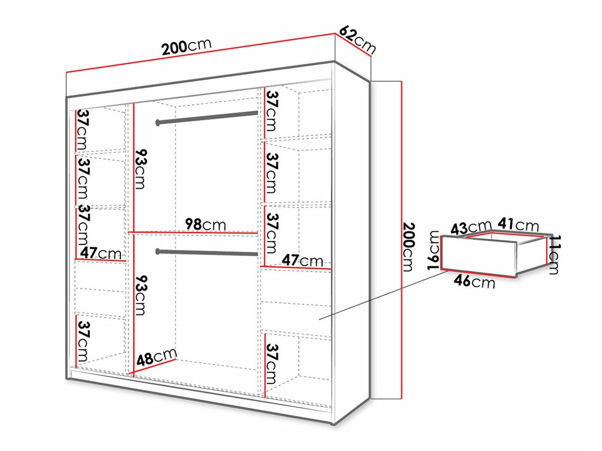 Gardróbszekrény 200 Jodełka 1 (Ratintu), Szín: Fekete + Artisan tölgy, Fiókok: Igen