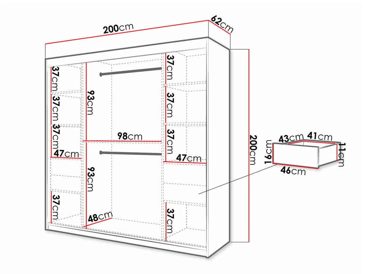 Gardróbszekrény 200 Jodełka 2 (Ratintu), Szín: Fehér + Fekete, Fiókok: Igen