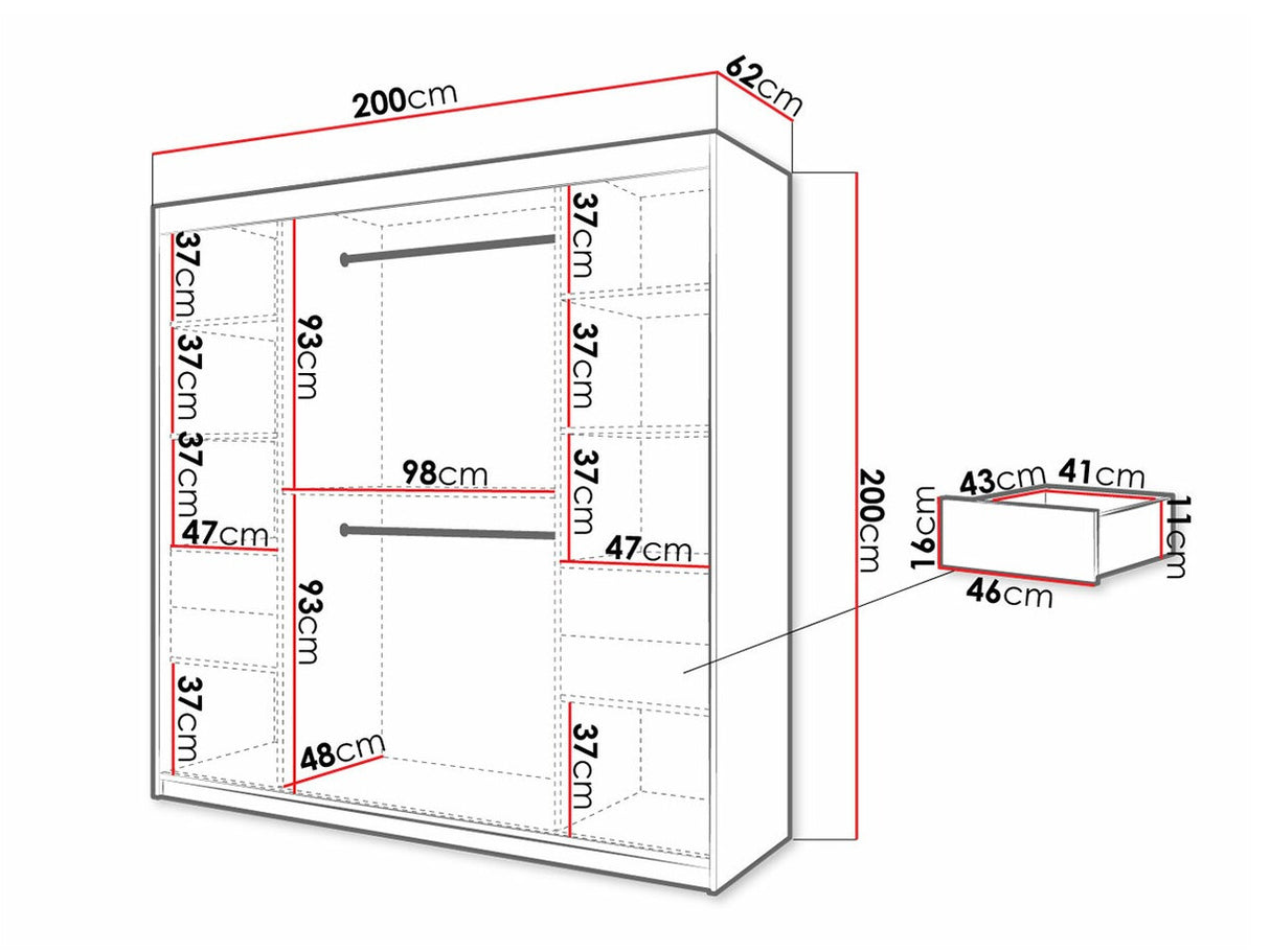 Gardróbszekrény 200 Jodełka 2 (Ratintu), Szín: Artisan tölgy + Fekete, Fiókok: Igen