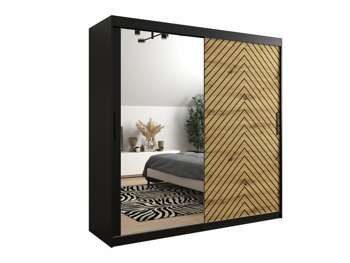 Gardróbszekrény 200 Jodełka 2 (Ratintu), Szín: Fekete + Artisan tölgy, Fiókok: Igen