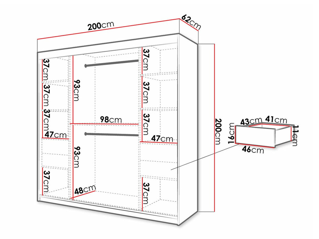 Gardróbszekrény 200 Jodełka 2 (Ratintu), Szín: Fekete + Artisan tölgy, Fiókok: Igen