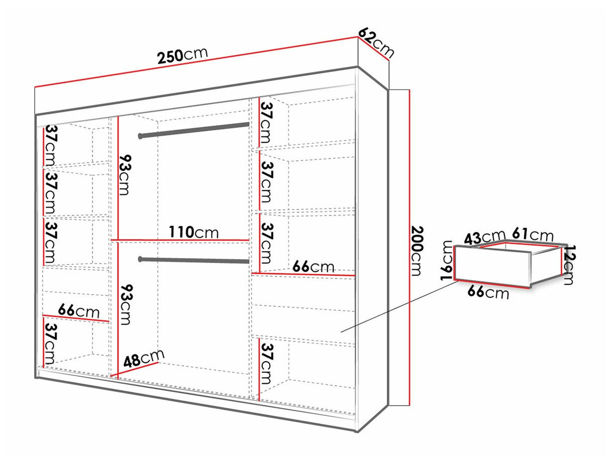 Gardróbszekrény 250 Jodełka 1 (Ratintu), Szín: Fehér + Fekete, Fiókok: Igen