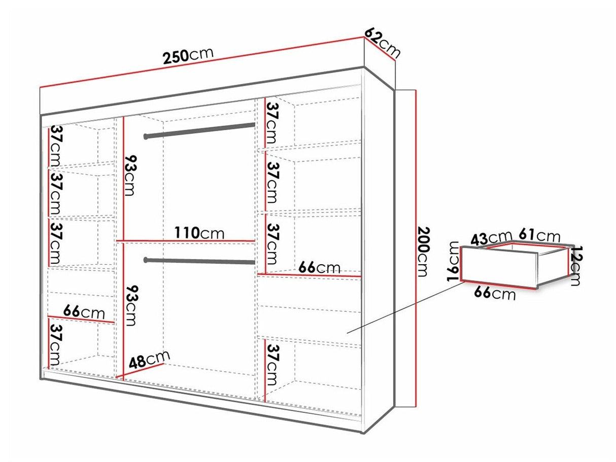 Gardróbszekrény 250 Jodełka 1 (Ratintu), Szín: Artisan tölgy + Fekete, Fiókok: Igen