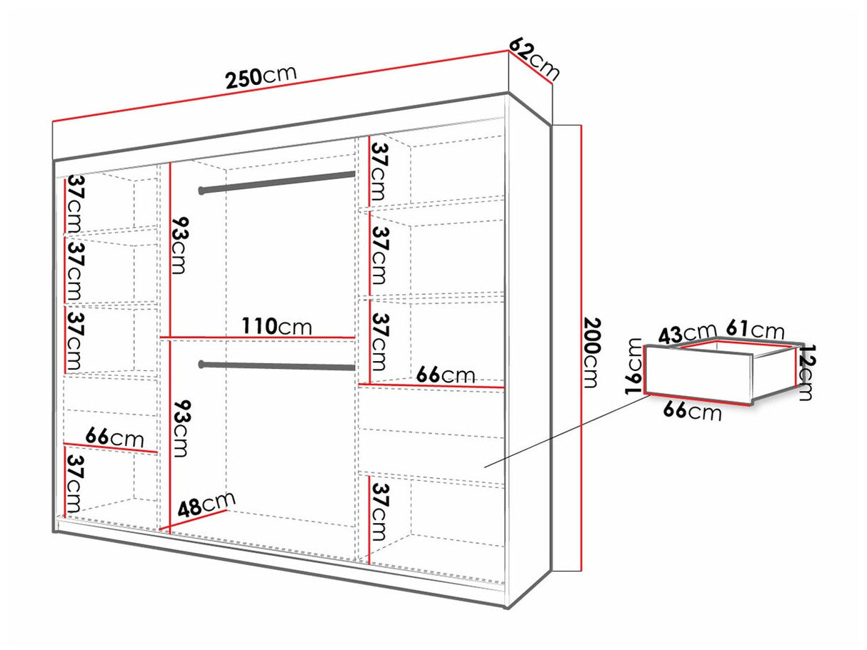 Gardróbszekrény 250 Jodełka 1 (Ratintu), Szín: Fekete + Artisan tölgy, Fiókok: Igen